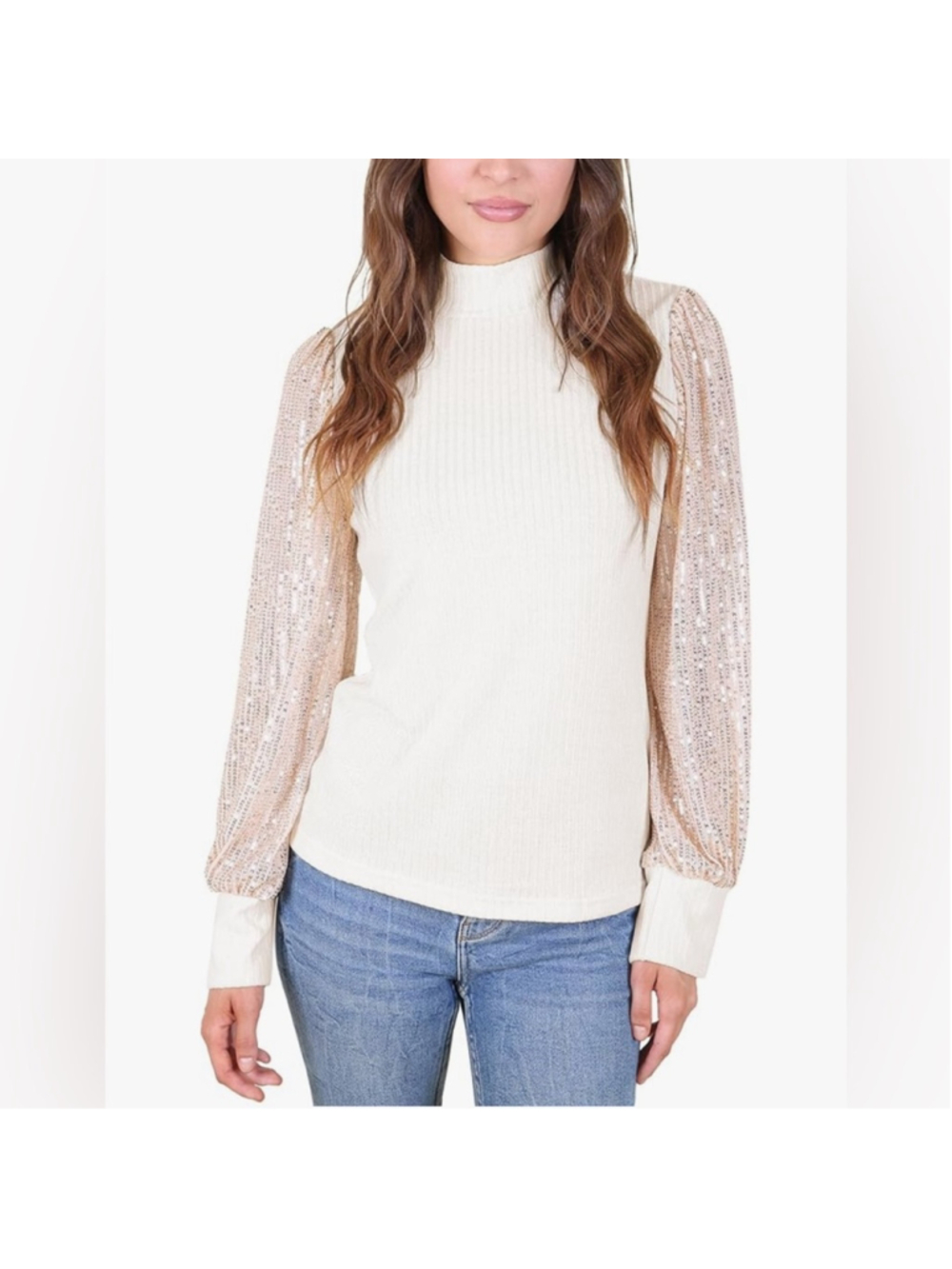 NEW Anna-Kaci Mock Neck Sequin Thin Sweater Sparkle Glitter Puff Sleeve Blouse L